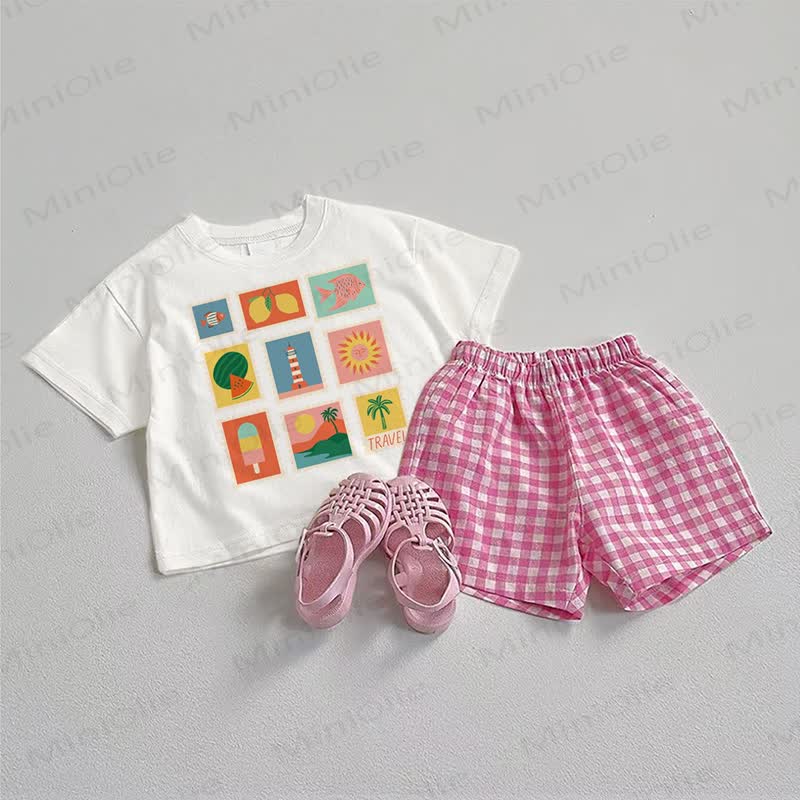 Baby Grid Print White&Pink Tee and Plaid Shorts 2-Piece Set - White&Pink - 3-5T - image 1