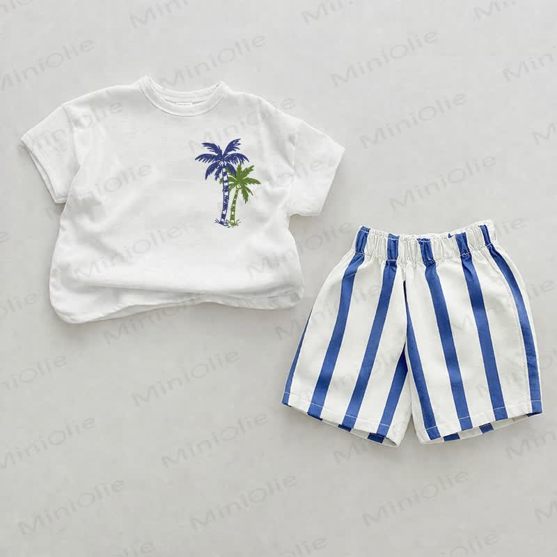 Baby Coconut Tree Print Blue Vertical Striped 2-piece Shorts Set - White&Blue - 2-3T - image 1