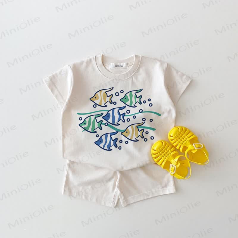 Baby Fish Print White Tee and Shorts 2-piece Set - White - 18-24M - image 1