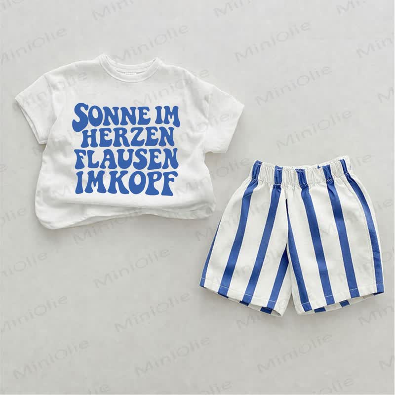 SONNE IM HERZEN FLAUSEN IM KOPF Baby Slogan Blue Vertical Striped 2-piece Shorts Set - White&Blue - 2-3T - image 1