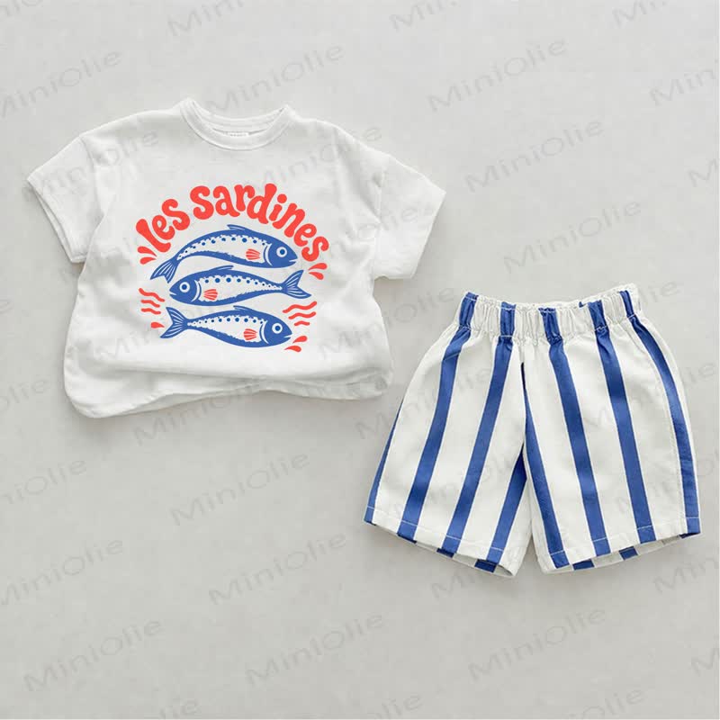 LES SARDINES Baby Sardines Blue Vertical Striped 2-piece Shorts Set - White&Blue - 2-3T - image 1