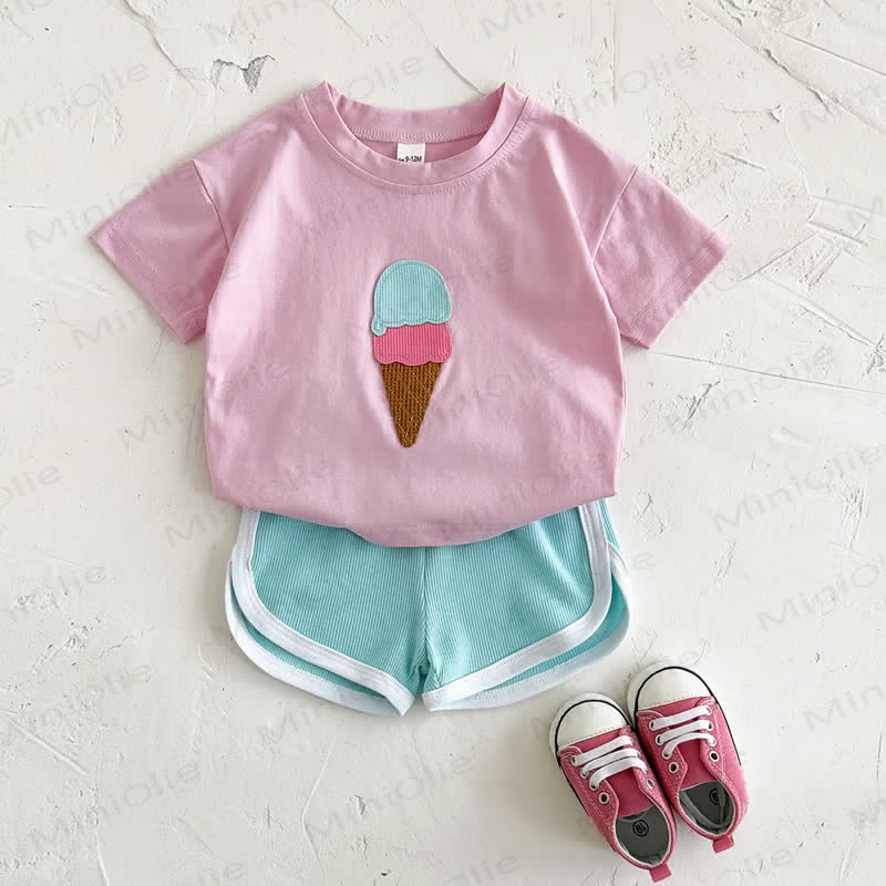 Baby Ice Cream Solid Color Short-Sleeve Set - Pink - 2-3Y - image 2
