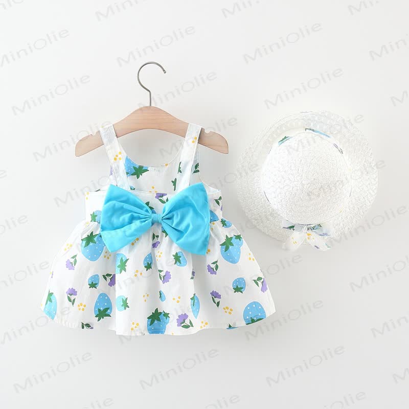 Baby Toddler Girl Strawberry Print Bow Dress with Hat - Blue - 3-4T - image 1
