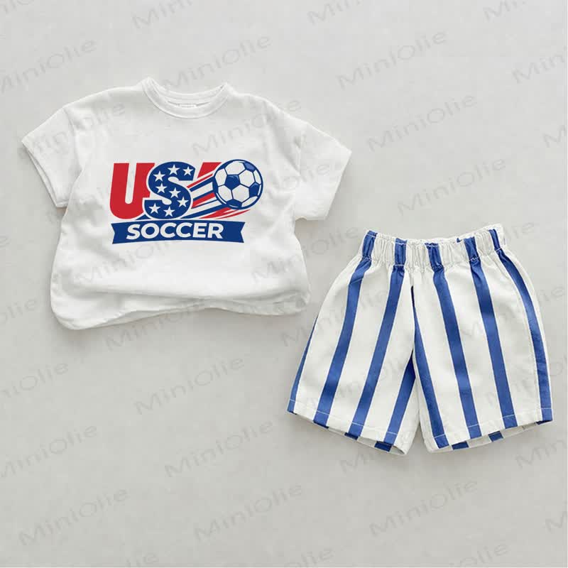 USA SOCCER Baby Football Print Blue Vertical Striped 2-piece Shorts Set - White&Blue - 2-3T - image 1