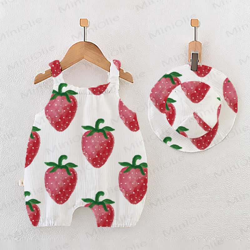 Baby Girls Strawberry Print White Jumpsuit with Hat - White - 18-24M - image 1