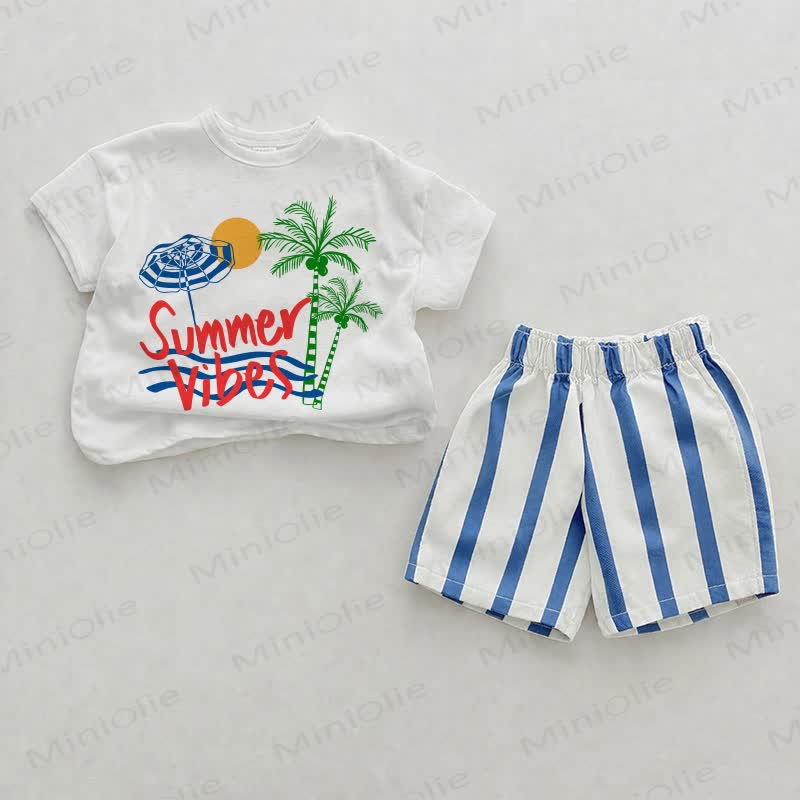 SUMMER VIBES Baby Beach Print Blue Vertical Striped 2-piece Shorts Set - White&Blue - 2-3T - image 1