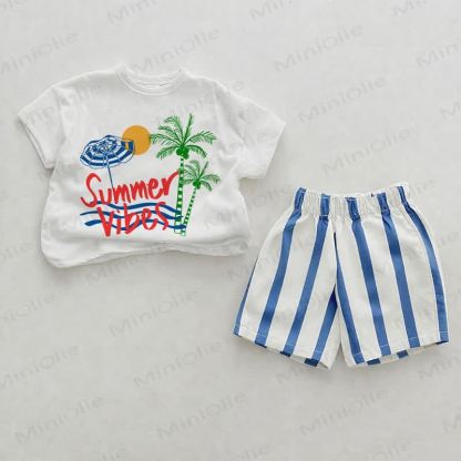 SUMMER VIBES Baby Beach Print Blue Vertical Striped 2-piece Shorts Set - White&Blue - 2-3T - image 1