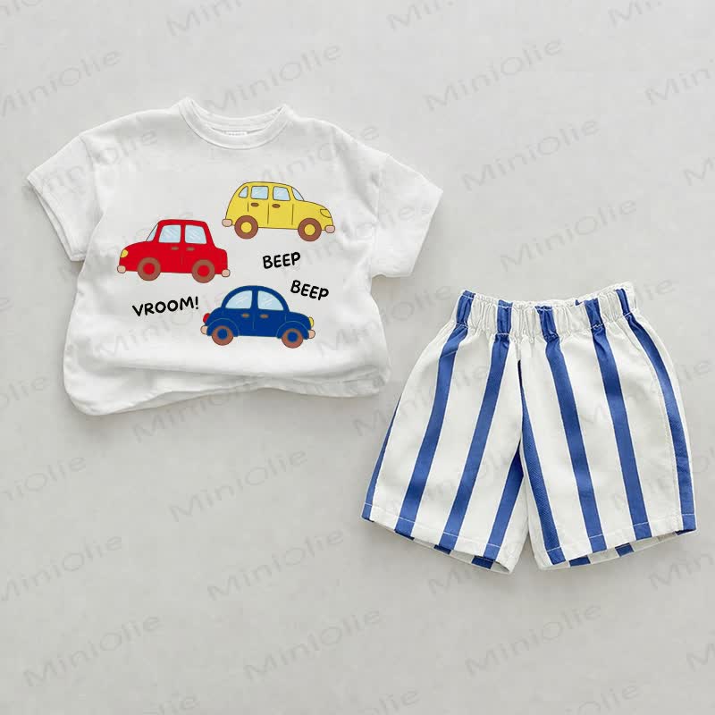 VROOM! BEEP BEEP Baby Car Print Blue Vertical Striped 2-piece Shorts Set - White&Blue - 2-3T - image 1