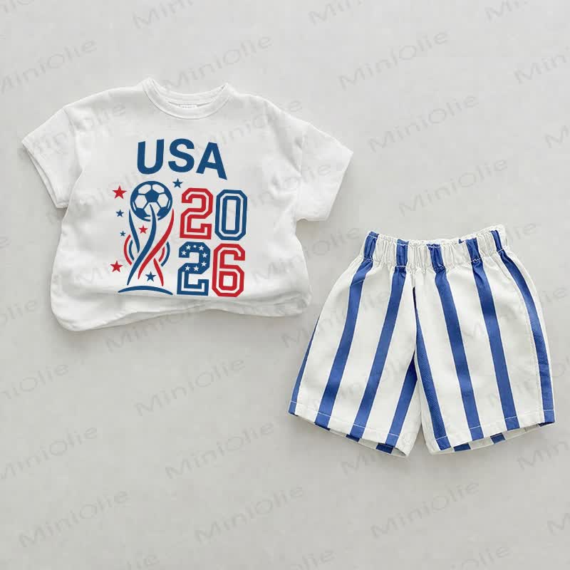 USA 2026 Baby Football Print Blue Vertical Striped 2-piece Shorts Set - White&Blue - 2-3T - image 1