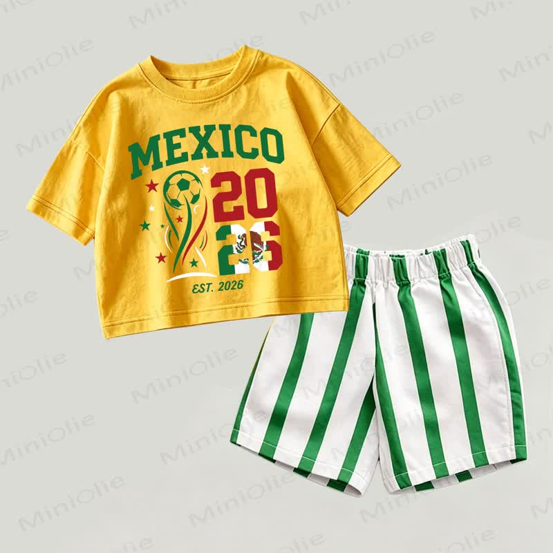 MEXICO 2026 Baby Yellow&Green Football Print Top and Striped Shorts 2-piece Set - Yellow&Green - 2-3T - image 1