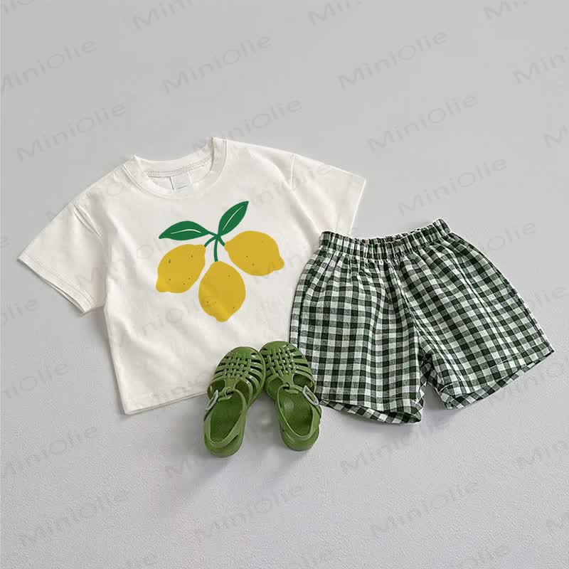Baby Lemon Tee and Green Plaid Shorts 2-Piece Set - White&Green - 3-5T - image 1