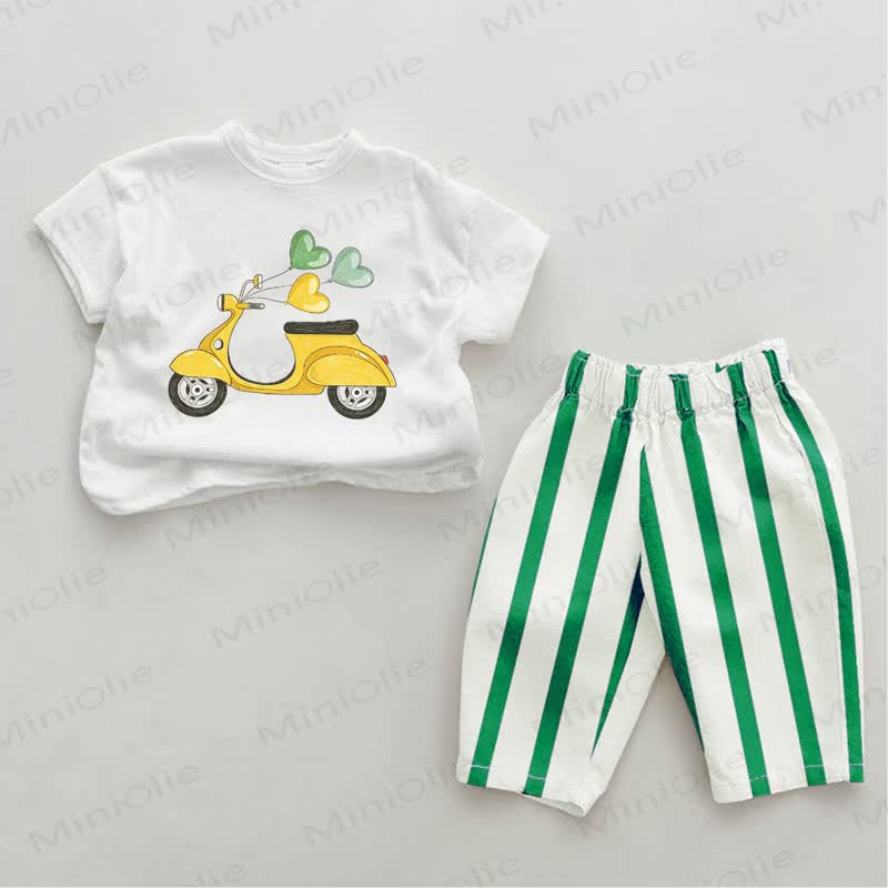 Baby Green E-scooter Vertical Striped 2-piece Pants Set - White&Green - 2-3T - image 1