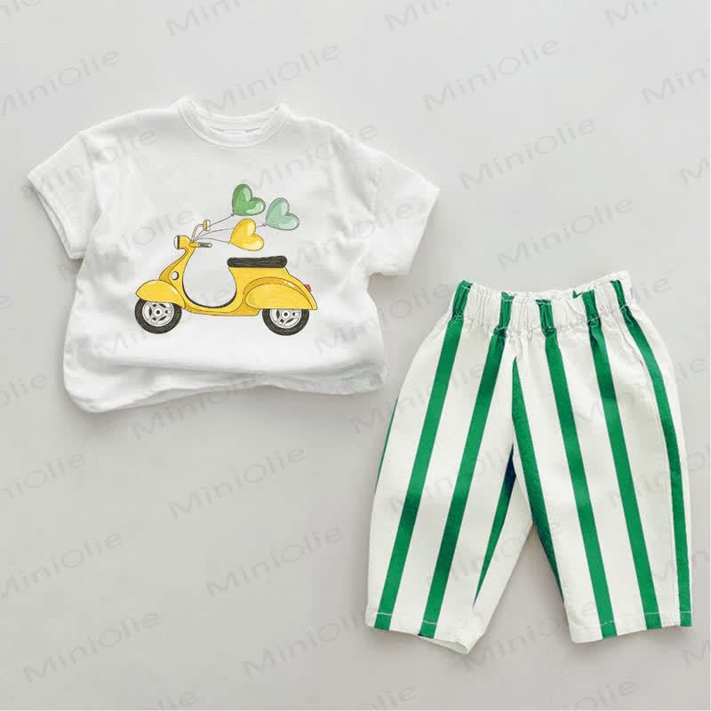 Baby Green E-scooter Vertical Striped 2-piece Pants Set - White&Green - 2-3T - image 1
