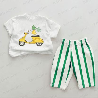 Baby Green E-scooter Vertical Striped 2-piece Pants Set - White&Green - 2-3T - image 1