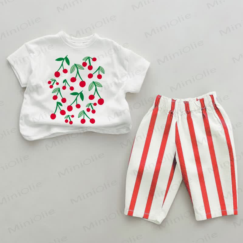 Baby Cherry Print Red Striped 2-piece Set - White&Red - 2-3T - image 1