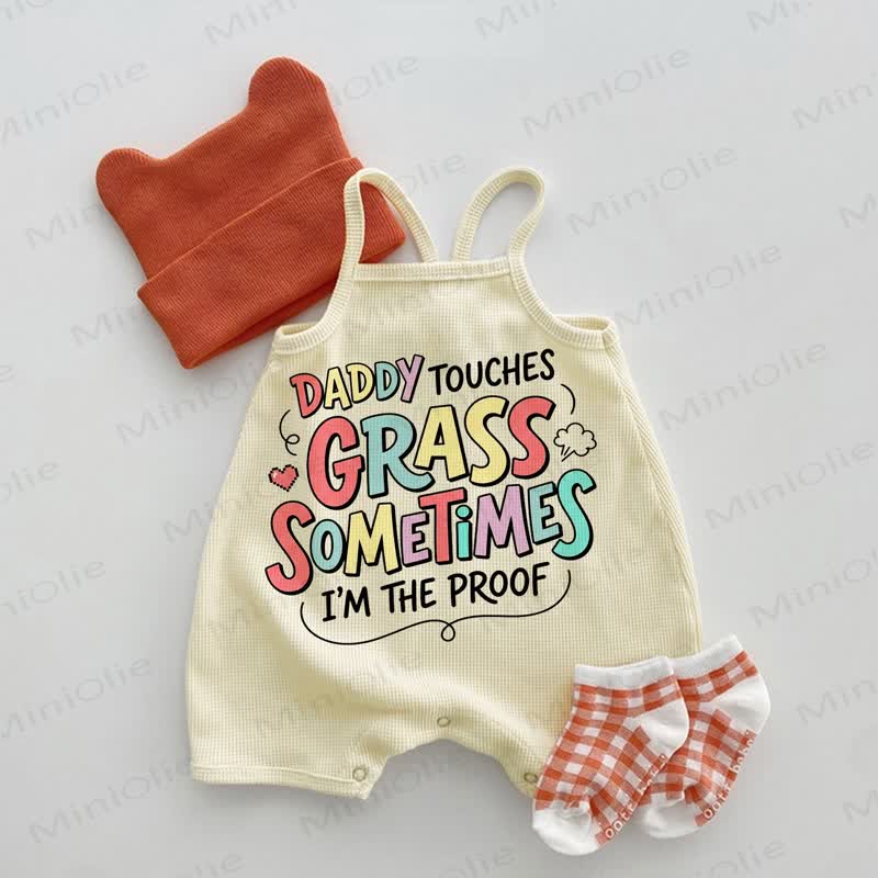 DADDY TOUCHES GRASS SOMETIMES I'M THE PROOF Baby Beige Waffle Suspenders Romper - Beige - 18-24M - image 1