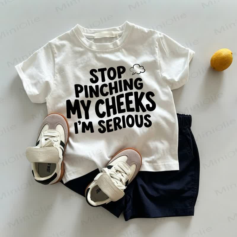 STOP PINCHING MY CHEEKS I'M SERIOUS Baby Toddler White Tee and Navy Shorts 2-piece Set - White&Navy - 3-5T - image 1