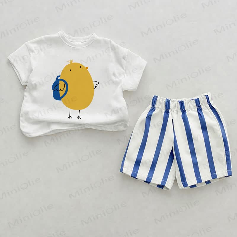 Baby Chicken Print Vertical Striped 2-piece Shorts Set - White&Blue - 2-3T - image 1
