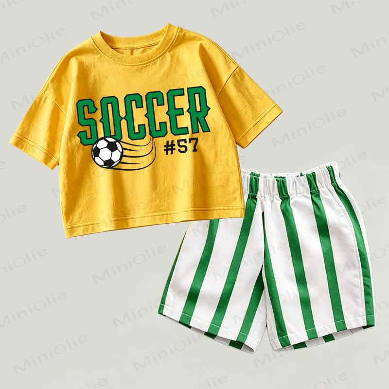 SOCCER#57 Baby Yellow&Green Football Print Top and Striped Shorts 2-piece Set - Yellow&Green - 2-3T - image 1