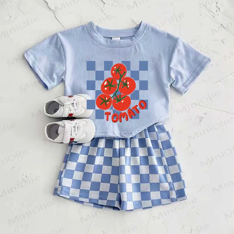 TOMATO Baby Blue Tomato Print T-shirt and Plaid Pants 2-Piece Set - Blue - 2-3T - image 1