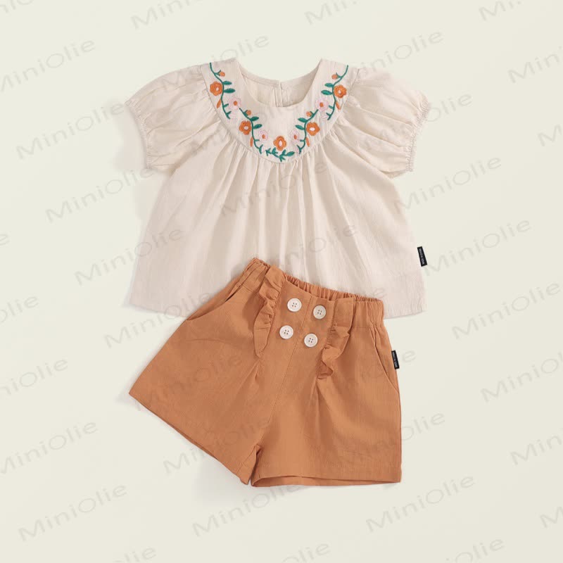 Toddler Girl Floral Embroidered Puff Sleeve Top and Shorts 2-piece Set - Beige - 8-9T - image 1