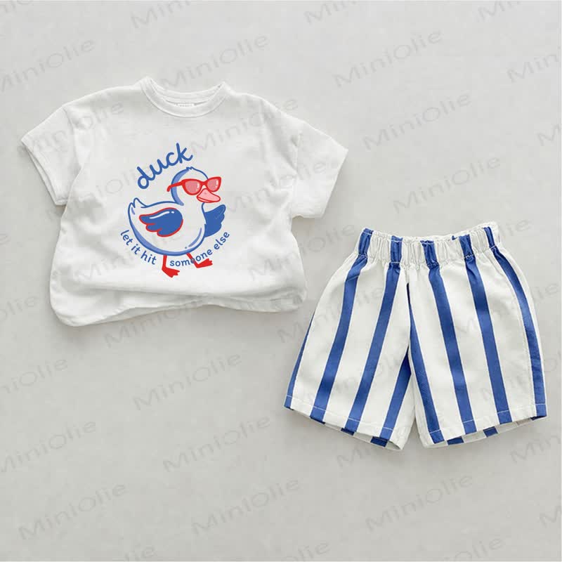 DUCK LET IT HIT SOMEONE ELSE Baby Blue Vertical Striped 2-piece Shorts Set - White&Blue - 2-3T - image 1