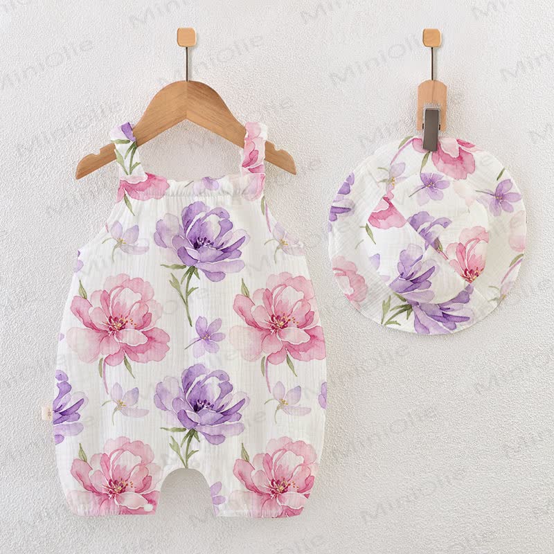Baby Pink& Purple Flower Print White Romper with Hat - White - 18-24M - image 1