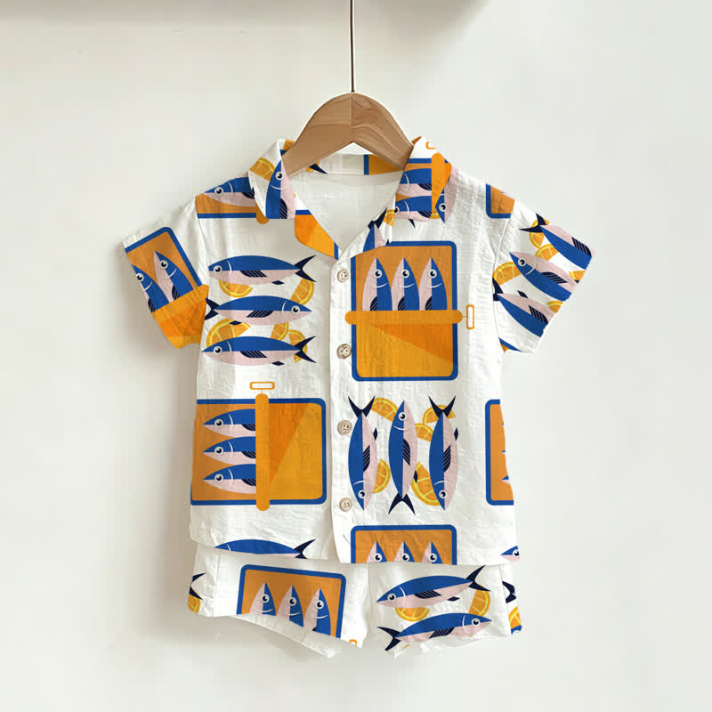 Toddler Boys Canned Sardine Print White Shirt and Shorts 2-piece Set - White - 3-5T - image 1