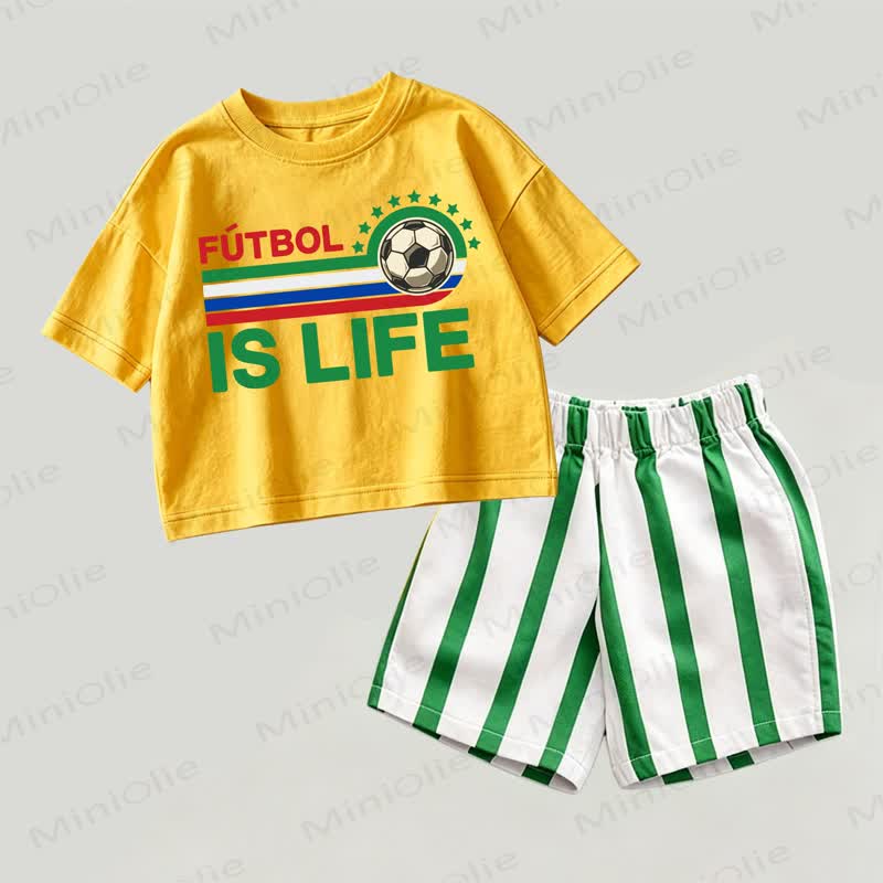 FUTBOL IS LIFE Baby Yellow&Green Football Print Top and Striped Shorts 2-piece Set - Yellow&Green - 2-3T - image 1