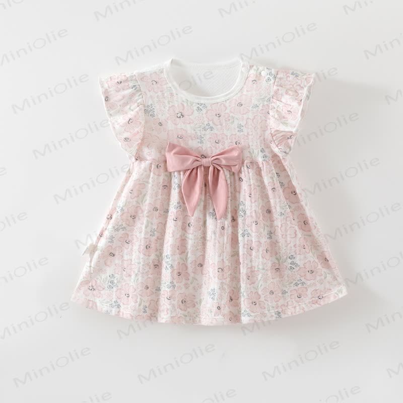 Baby Toddler Girl Bow Flutter Sleeve Dress - Pink Flower - 2-3T - image 2