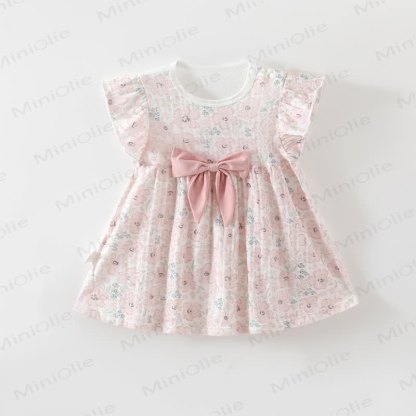 Baby Toddler Girl Bow Flutter Sleeve Dress - Pink Flower - 2-3T - image 2
