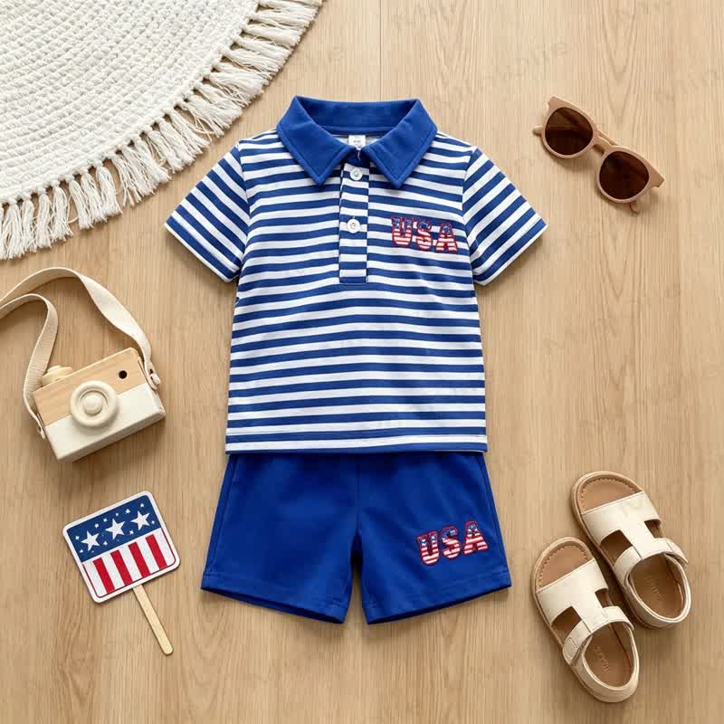 Baby Boys Striped Polo Shirt and Blue Shorts 2-piece Set - Blue - 3-4T - image 1