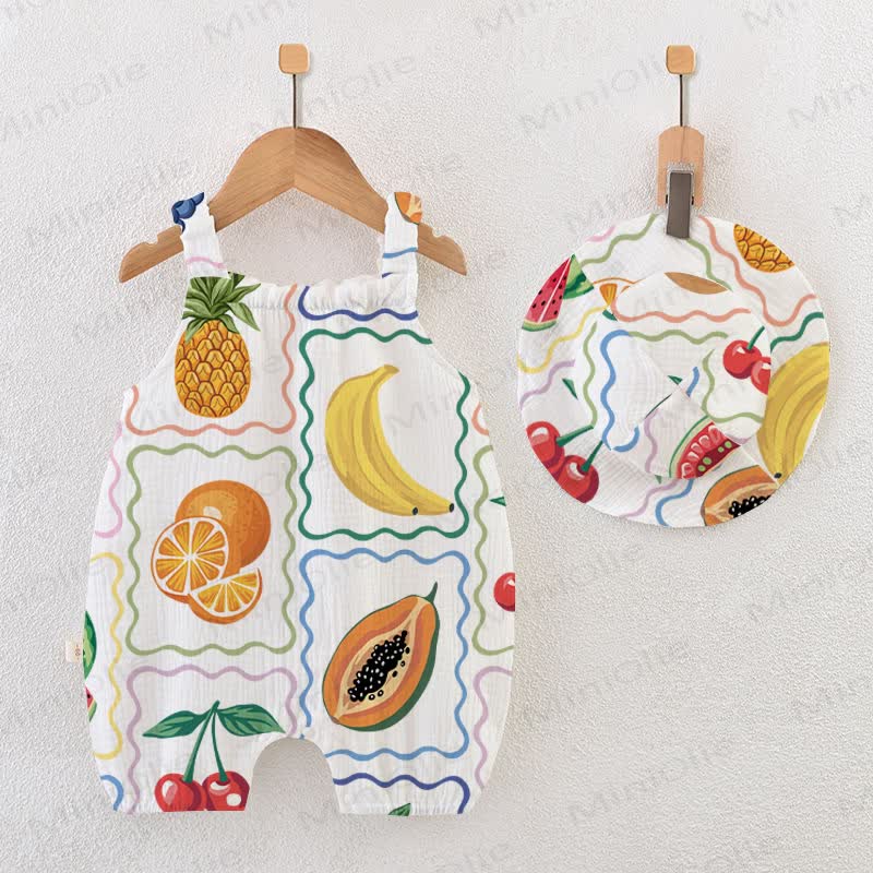 Baby Fruit Print White Overall with Hat - White - 18-24M - image 1