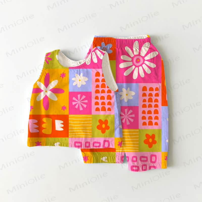 Baby Orange Flower Plaid 2-piece Sleeveless Set - Orange - 3-4T - image 1