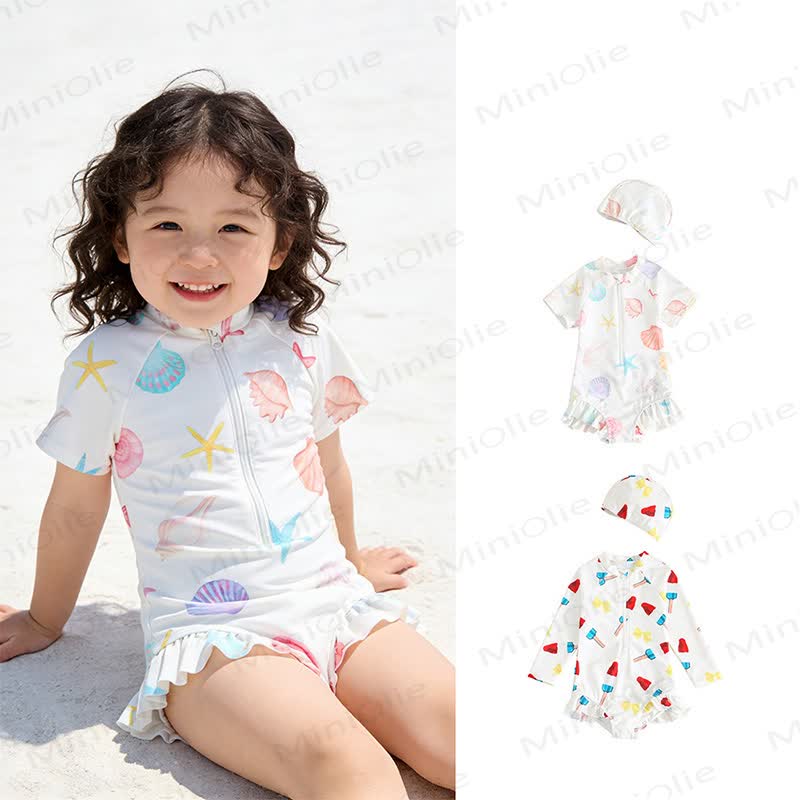 Toddler Girls Ruffle Rash Guard One Piece Swimsuit with Swim Cap - image 1