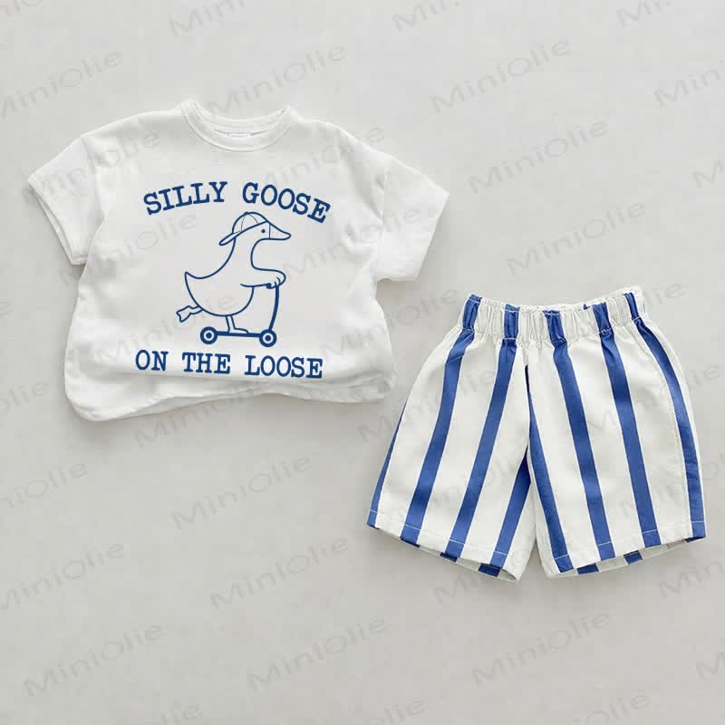 SILLY GOOSE ON THE LOOSE Baby Goose Blue Vertical Striped 2-piece Shorts Set - White&Blue - 2-3T - image 1