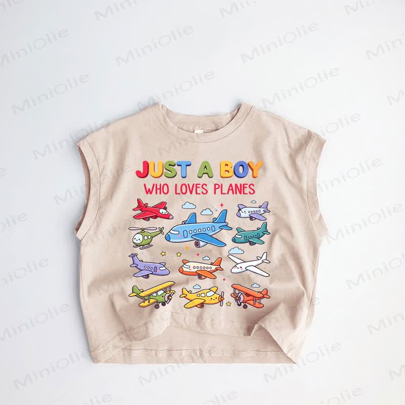 JUST A BOY WHO LOVES PLANES Baby Toddler Boys Planes Khaki Tank Top - Khaki - 3-5T - image 1