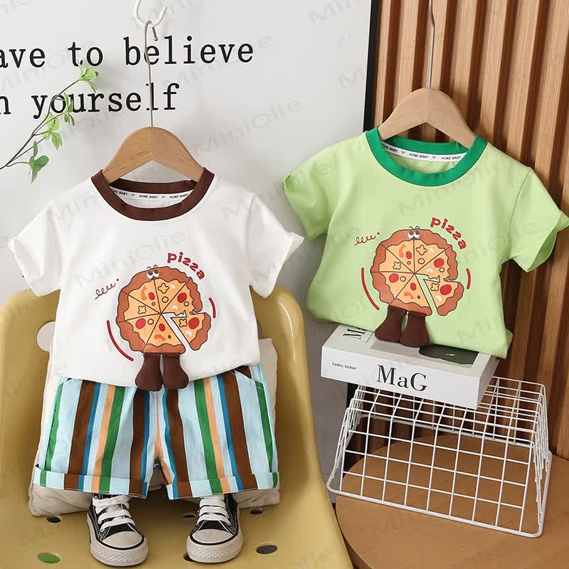 Toddler Cotton Pizza Print T-Shirt and Striped Shorts 2-piece Set - image 1