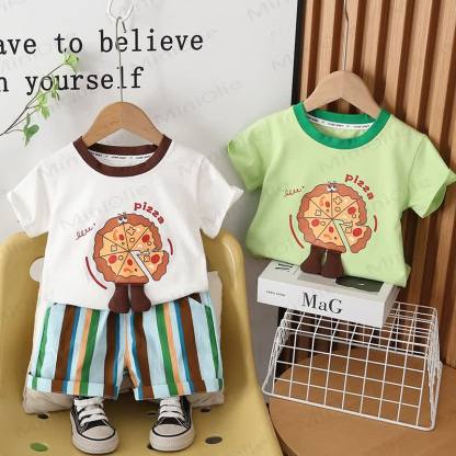 Toddler Cotton Pizza Print T-Shirt and Striped Shorts 2-piece Set - image 1