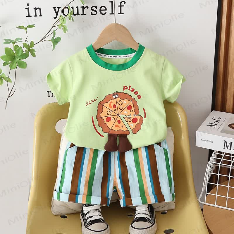 Toddler Cotton Pizza Print T-Shirt and Striped Shorts 2-piece Set - Green - 4-5T - image 2