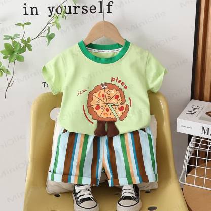 Toddler Cotton Pizza Print T-Shirt and Striped Shorts 2-piece Set - Green - 4-5T - image 2