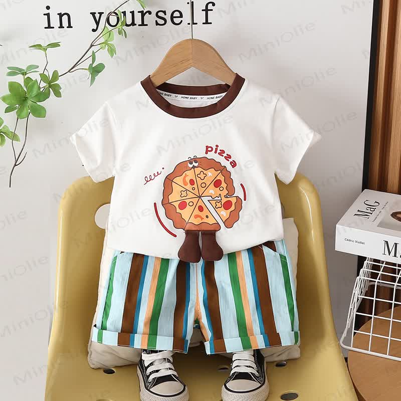 Toddler Cotton Pizza Print T-Shirt and Striped Shorts 2-piece Set - White - 4-5T - image 3