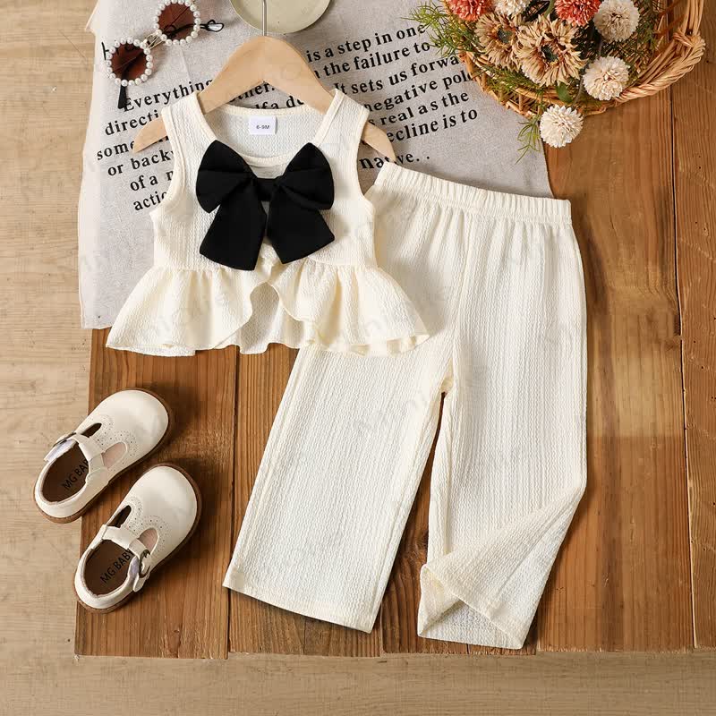 Baby Toddler Girl Bowknot Sleeveless Set - Beige - 2-3Y - image 1