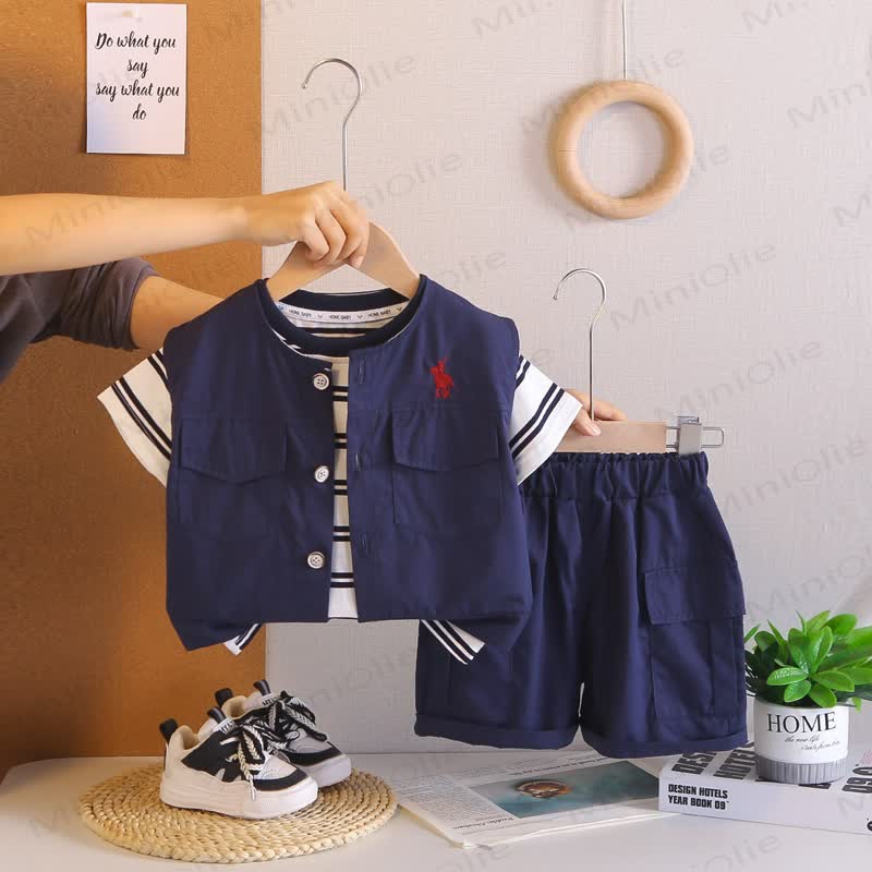 Toddler Boys Vest and Striped T-Shirt and Solid Color Shorts 3-piece Set - Navy - 4-5T - image 2