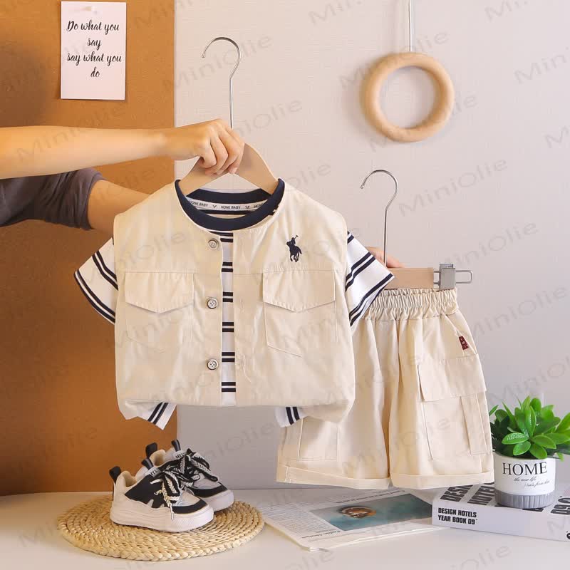 Toddler Boys Vest and Striped T-Shirt and Solid Color Shorts 3-piece Set - Khaki - 4-5T - image 3