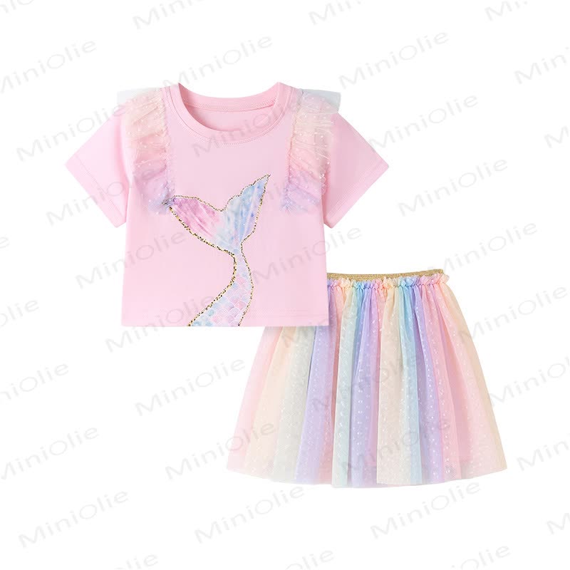 Toddler Girl Mermaid Tee and Rainbow Tulle Skirt Set - image 5