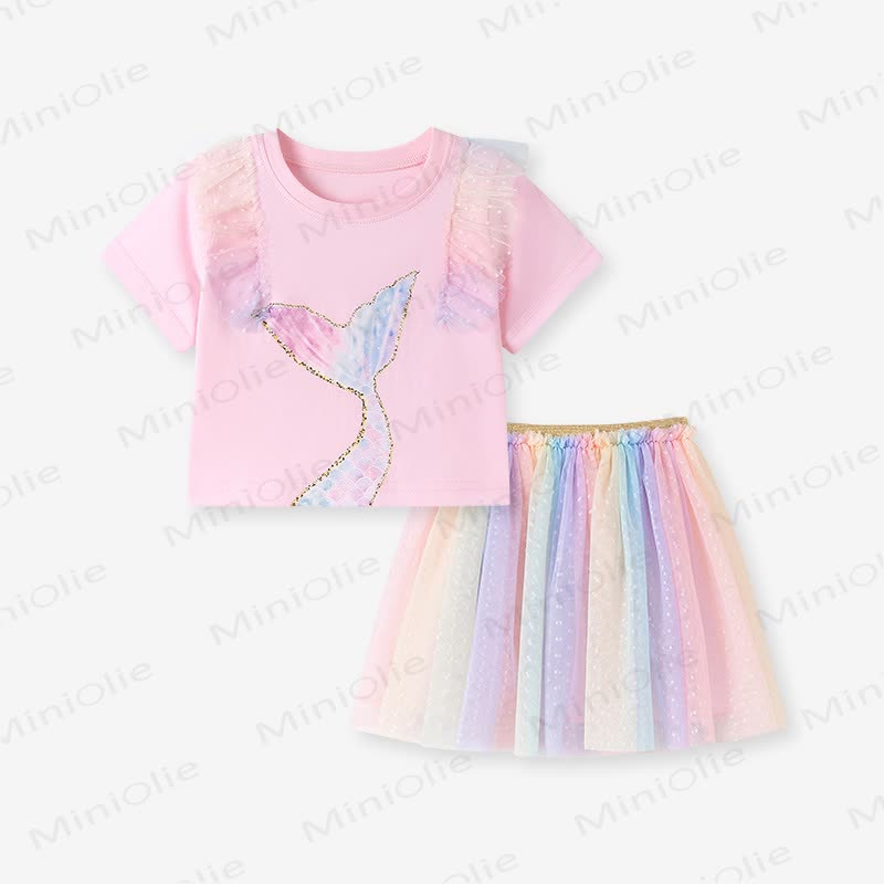 Toddler Girl Mermaid Tee and Rainbow Tulle Skirt Set - Pink - 7Y - image 1
