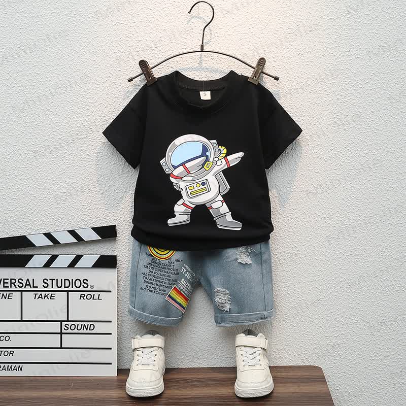 Baby Toddler Boys Astronaut Print T-Shirt and Denim Shorts 2-piece Set - Black - 4-5T - image 1