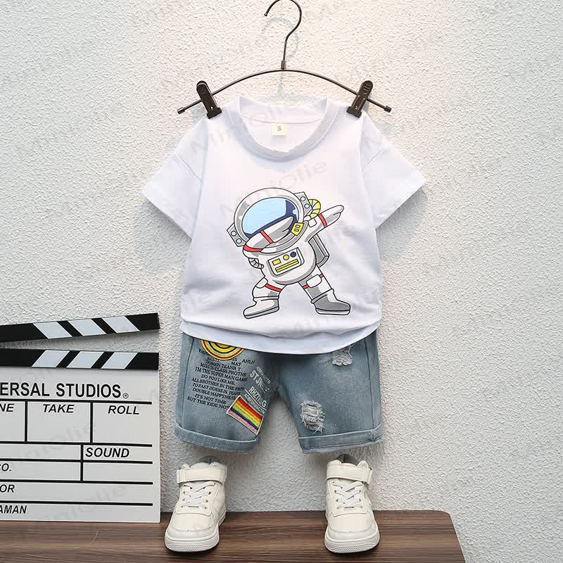 Baby Toddler Boys Astronaut Print T-Shirt and Denim Shorts 2-piece Set - White - 4-5T - image 2