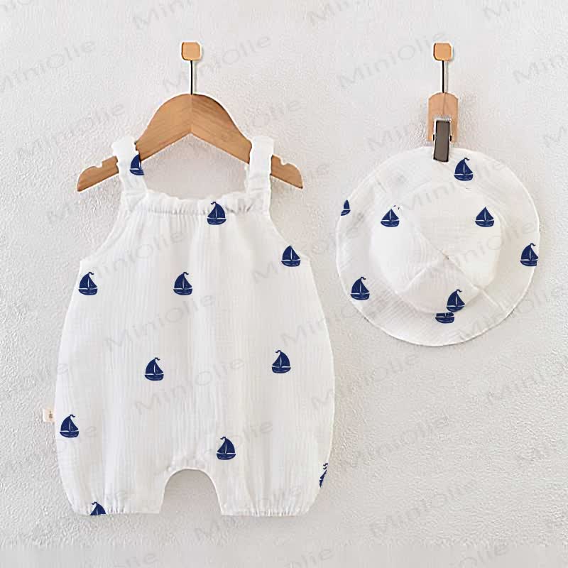 Baby Girl White Sailing Boat Print Romper with Hat - White - 18-24M - image 1